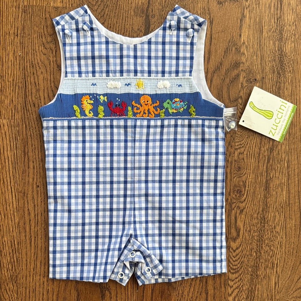 Zuccini Blue Gingham Smocked Ocean Animals Scene Romper New With Tags